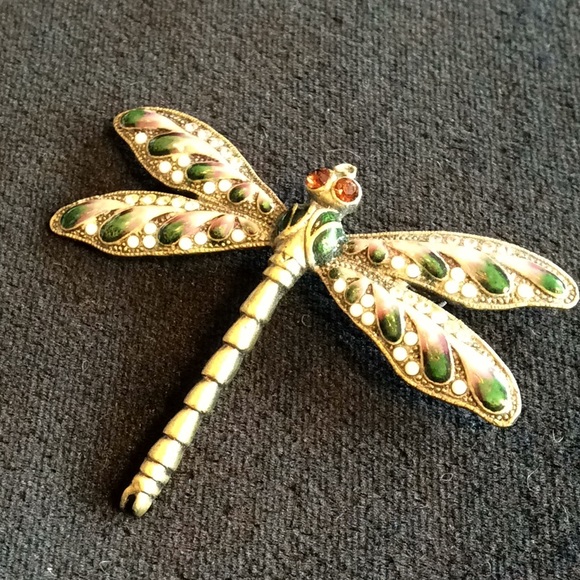 Green Enamel/Austrian Crystal Dragonfly Brooch - Picture 2 of 5